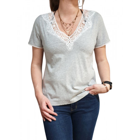 T-shirt gris manches courtes col V à broderies blanches