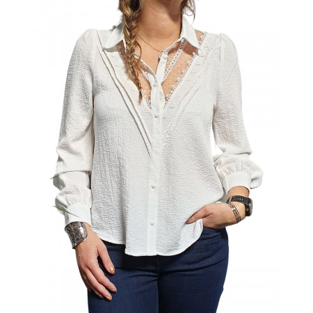 Chemisier blanc col transparence pois et dentelle
