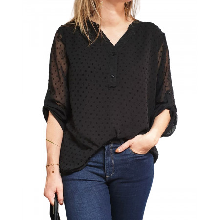 Blouse noire plumetis manches longues