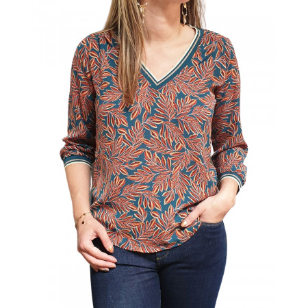 Blouse bleu canard feuillages brique col et poignets rayés