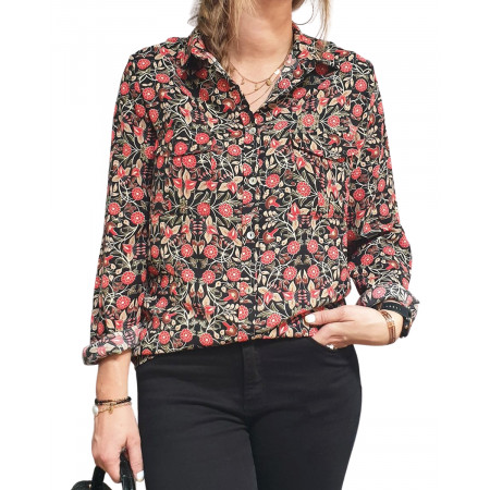 Chemisier noir à fleurs rouges et beiges