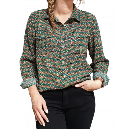 Chemisier vert à motifs ethniques oranges et noirs