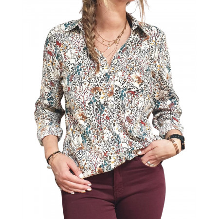 Chemisier beige à motifs multicolores jungle