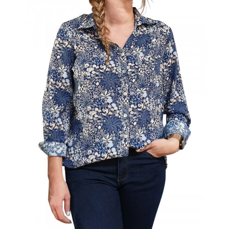 Chemisier bleu fleurs et palmiers beiges et blancs