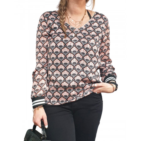 Blouse noire éventails plumes rouges et blancs poignets rayés pailletés