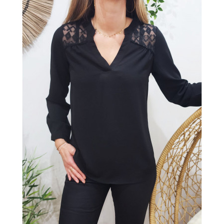 Blouse femme épaules et dos ajourés ethnique noire