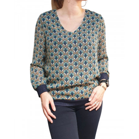 Blouse à motifs eventails bleus et jaunes bas et poignets pailletes