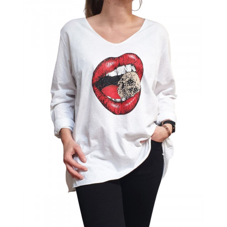 T-Shirt oversize blanc bouche rouge crâne à strass