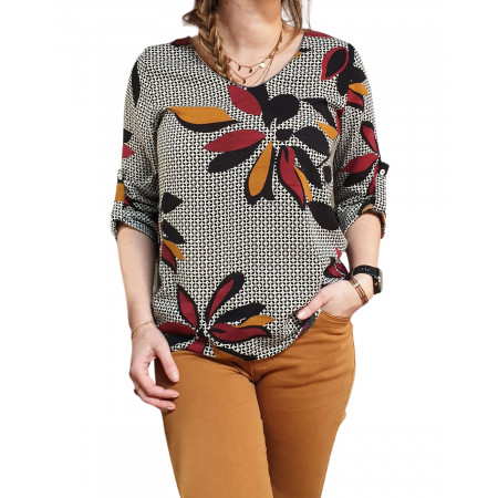 Blouse à grosses feuilles bordeaux moutardes noires dos noué