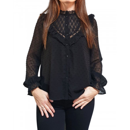 Chemisier noir plumetis col transparence et broderies