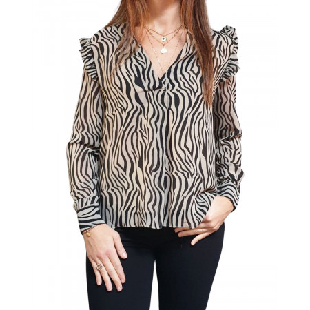 Chemise zébrée noire et beige à volants