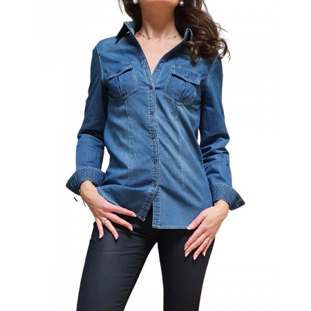 Chemise en coton jeans col pois dorés