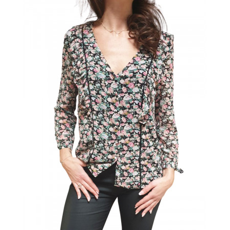 Chemisier femme à boutons et volants noir à fleurs roses bleues vertes