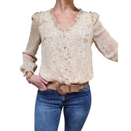 Chemisier jaune pâle motifs mauves orangés et volants