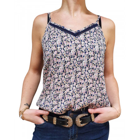 Top à bretelles fleurs roses kaki et marines col broderies