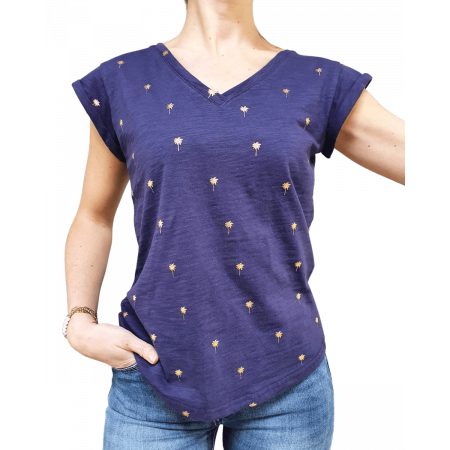 T-Shirt bleu marine palmier doré