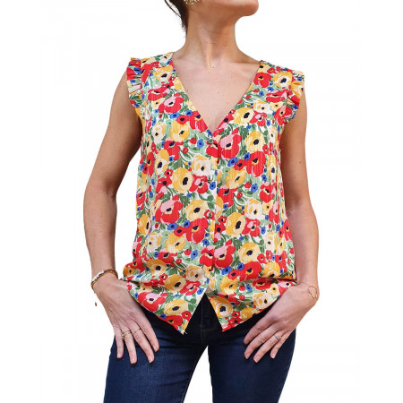 Blouse femme sans manches imprimé floral avec liseré