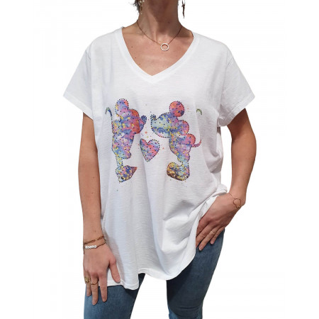 T-Shirt oversize blanc Mickey et Minnie multicolores