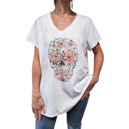 T-Shirt oversize blanc tête de mort fleurie multicolore et strass