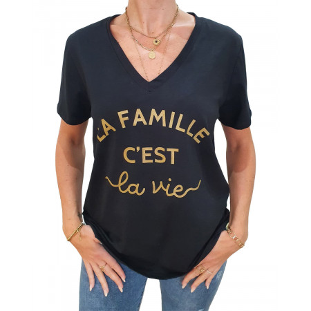 T-shirt La Famille c'est la vie col V Noir