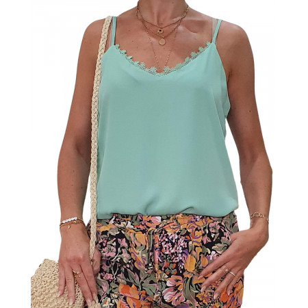 Top vert menthe dentelle col V