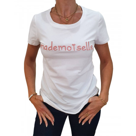 T-Shirt blanc Mademoiselle rose poudré