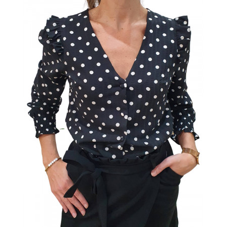 Chemisier noir à pois blanc