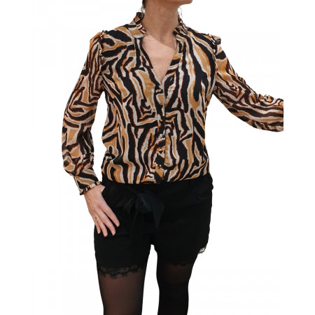 Chemisier satiné zébré camel et noir liseré doré