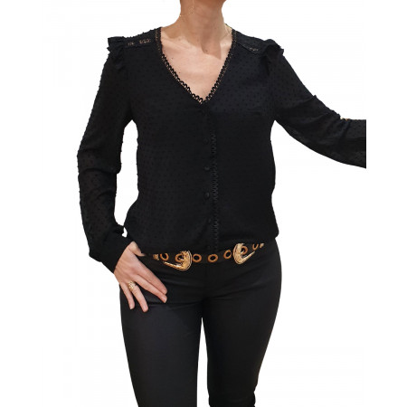 Chemisier noir plumetis col brodé
