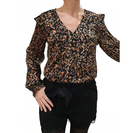 blouse noire satinée petites fleurs orangées liserés dorés