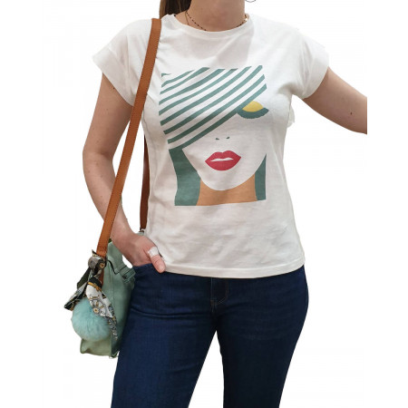T-Shirt blanc visage femme pailleté vert amande