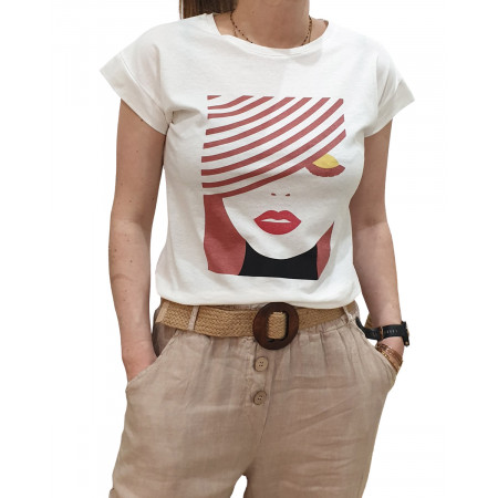 T-Shirt blanc visage femme pailleté terracota