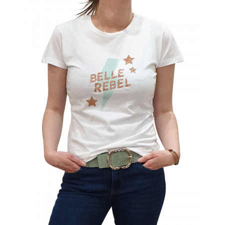 T-Shirt blanc Belle rebel pailleté éclair vert d'eau