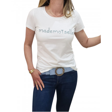 T-Shirt blanc Mademoiselle bleu gris