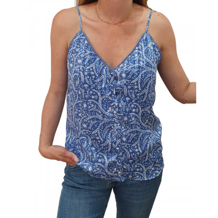 Top femme boutonné réversible Bérénice bleu et blanc