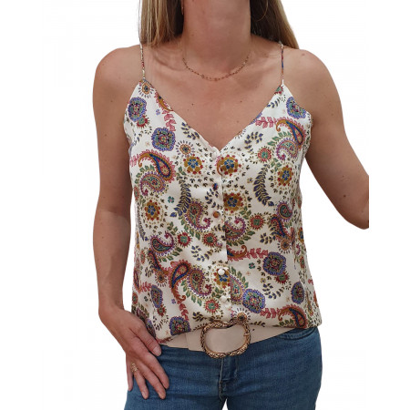 Top boutonné satiné beige cachemire multicolore
