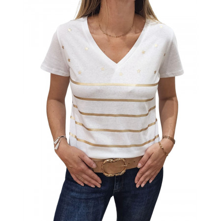T-shirt blanc étoiles et rayures dorées