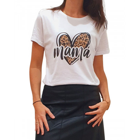 T-shirt femme blanc Mama cœur léopard