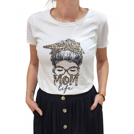T-shirt blanc imprimé léopard Mom life