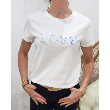 T-shirt femme blanc LOVE fleuri vert et bleu