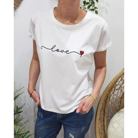 T-shirt femme blanc love noir coeur rouge