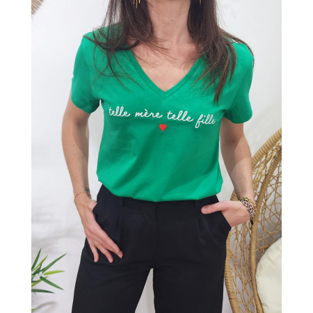 T-Shirt femme vert Telle mère telle fille blanc
