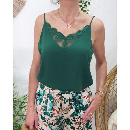 Top à bretelles femme vert foncé dentelle Cassiopée