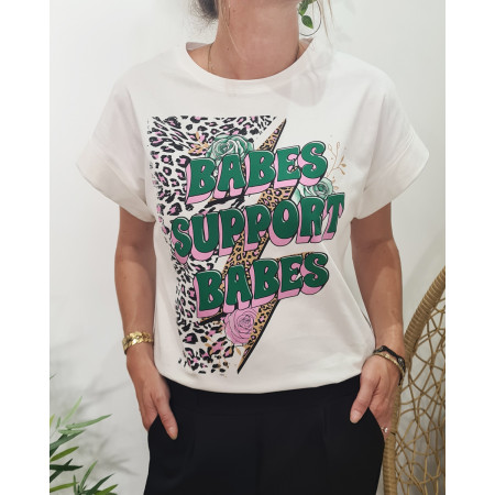 T-Shirt femme blanc Babes support babes vert rose
