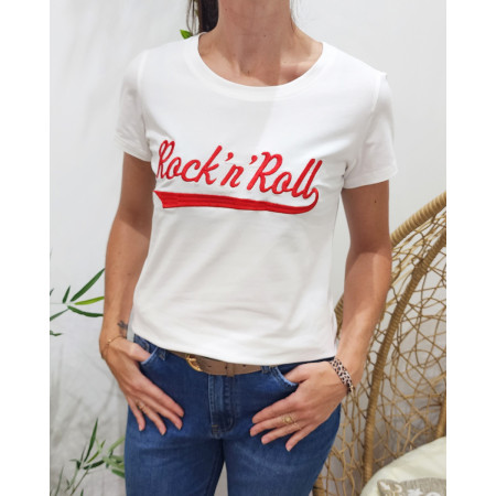 T-Shirt blanc broderie Rock'n'roll rouge