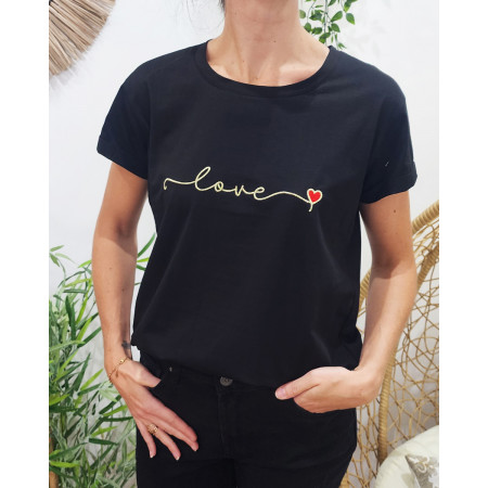 T-shirt femme noir love doré coeur rouge