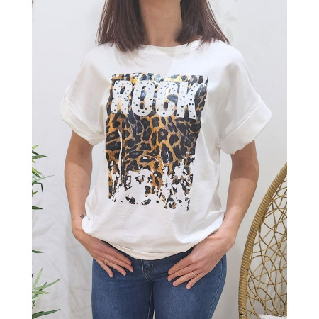 T-Shirt femme blanc ROCK léopard
