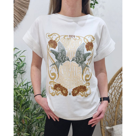 T-shirt femme blanc Spread Joy camel et kaki
