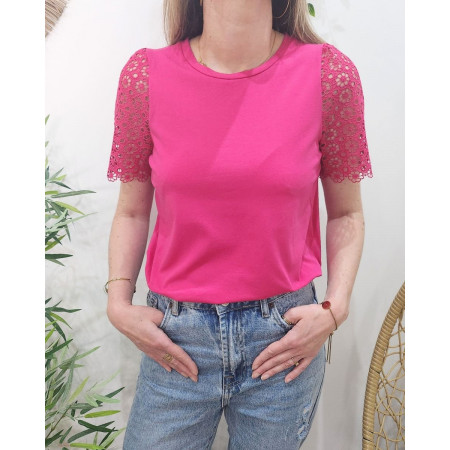 T-shirt femme rose fuchsia manches brodées Léontine