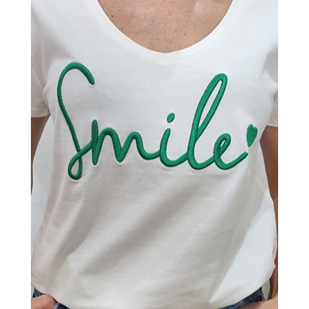 T-Shirt femme blanc broderie smile vert gazon